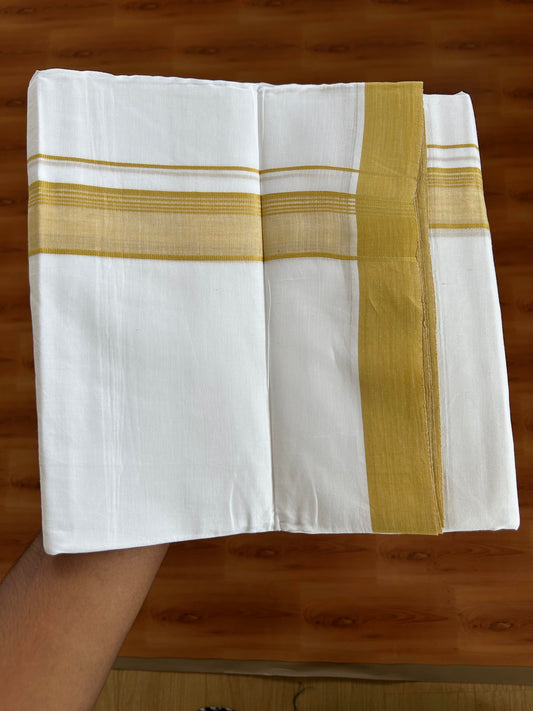 20% Discount ! KaithariKada Balaramapuram - 100% Pure Cotton Pure white Double Mundu / Dothi 100x80 - 1.5 inch Mustard Yellow Shaded Kara  4.5 Meters (10 Muzham) - 4 KK5391 THI