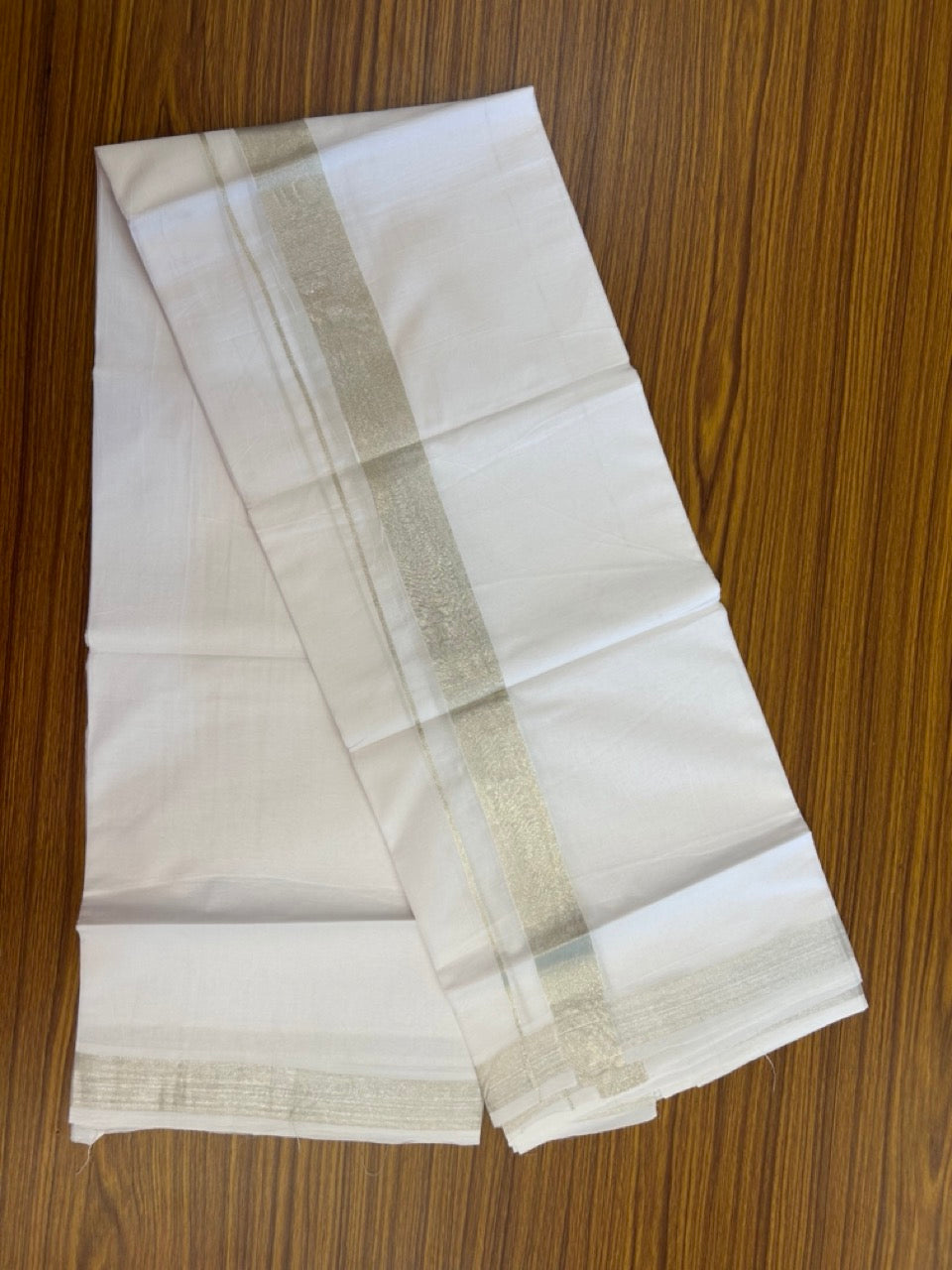 20% Discount! KaithariKada Balaramapuram 100% Cotton Double Pure White Mundu/Dhoti - 100x80 - 1.5 inch Silver Kasavu Kara - 3.90 Mtr (8 Muzham) - 15 KK5287 PMC