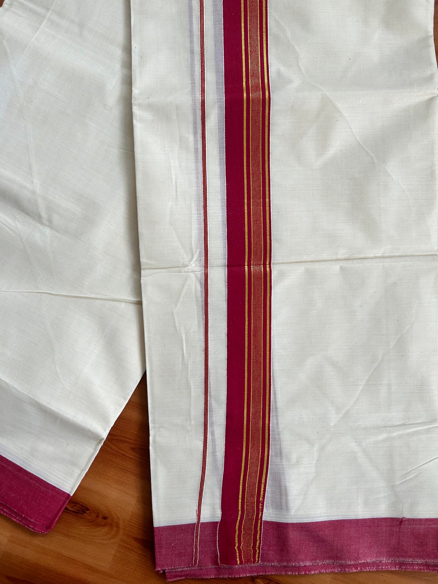 Double Off White  Mundu/Dhoti- 20% Discount! KaithariKada Balaramapuram Pure Cotton - 80s - 1.5 inch Gold Striped Kasav & Maroon Red Kara - 4mtr (8.5muzham) - 1 KK5421 VAS
