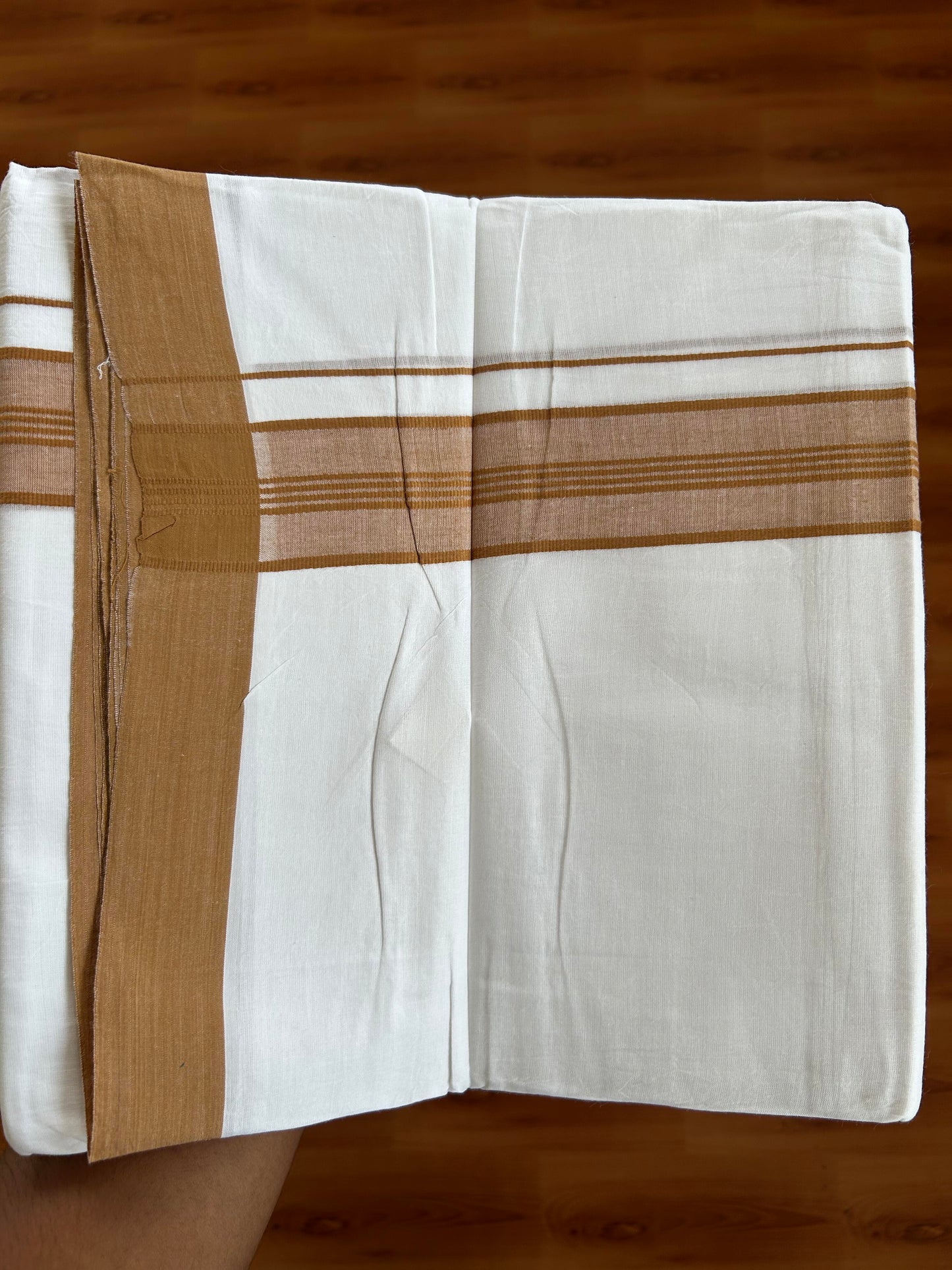 20% Discount ! KaithariKada Balaramapuram - 100% Pure Cotton Pure white Double Mundu / Dhothi 100x80 - 1.5 inch Orange Brown Shaded Kara  4.5 Meters (10 Muzham) - 7 KK5391 THI