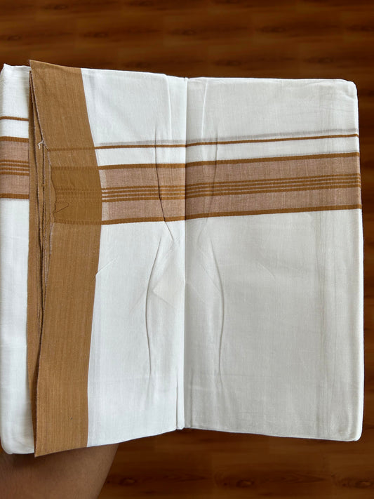 20% Discount ! KaithariKada Balaramapuram - 100% Pure Cotton Pure white Double Mundu / Dhothi 100x80 - 1.5 inch Orange Brown Shaded Kara  4.5 Meters (10 Muzham) - 7 KK5391 THI