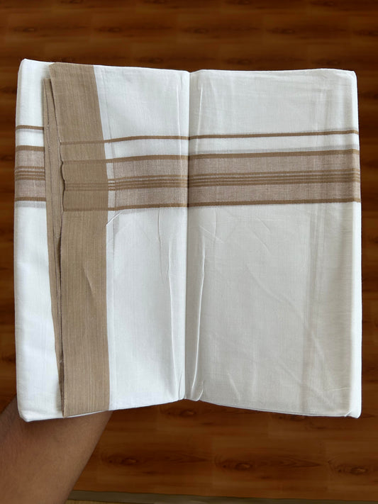 20% Discount ! KaithariKada Balaramapuram - 100% Pure Cotton Pure white Double Mundu / Dhothi 100x80 - 1.5 inch Camel  Brown Shaded Kara  4.5 Meters (10 Muzham) - 15 KK5391 THI