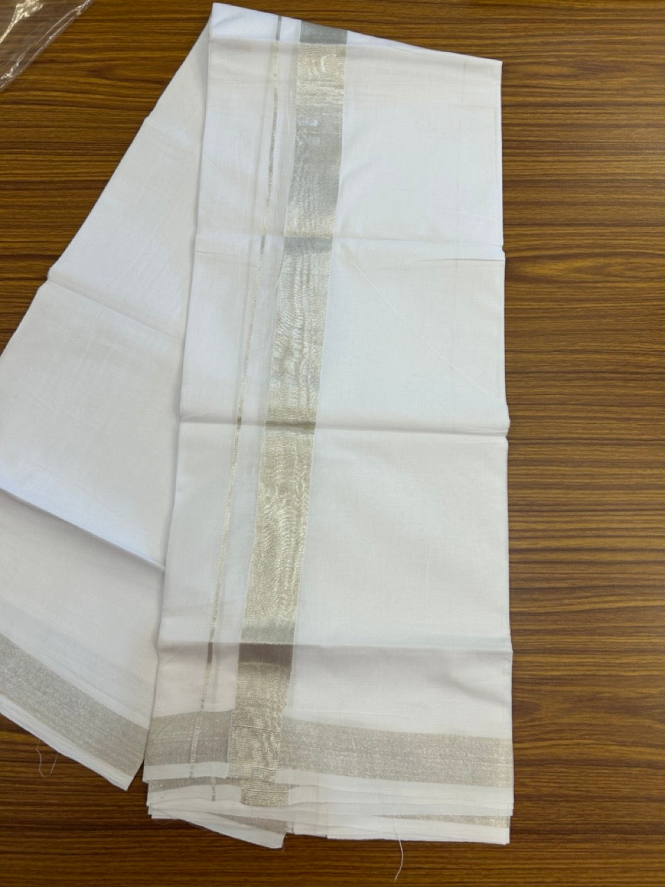 20% Discount! KaithariKada Balaramapuram 100% Cotton Double Pure White Mundu/Dhoti - 100x80 - 1.5 inch Silver Kasavu Kara - 3.90 Mtr (8 Muzham) - 15 KK5287 PMC