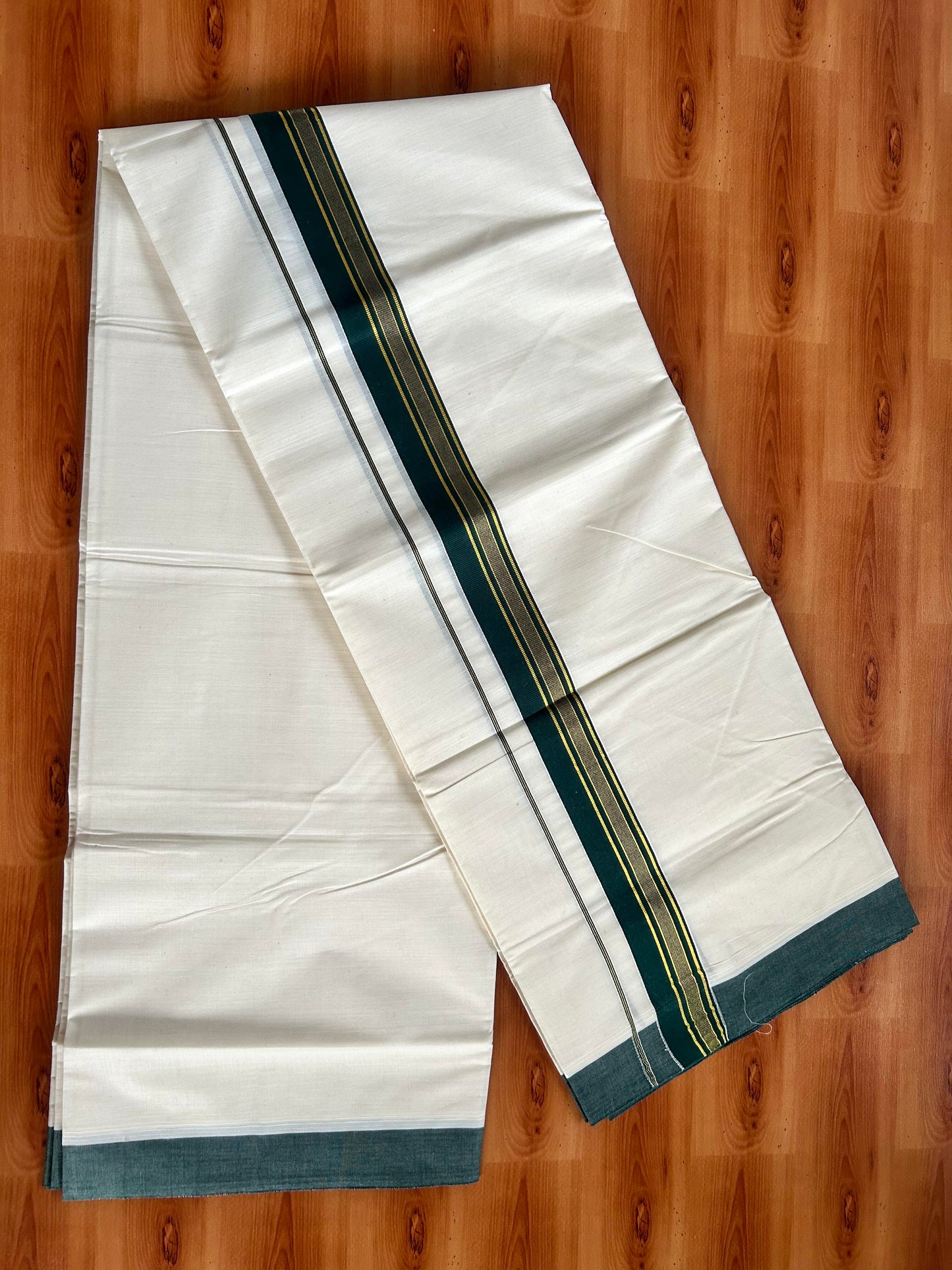 Double Off White  Mundu/Dhoti- 20% Discount! KaithariKada Balaramapuram Pure Cotton - 80s - 1.5 inch Gold Striped Kasav & Green Kara - 4mtr (8.5muzham) - 3 KK5421 VAS