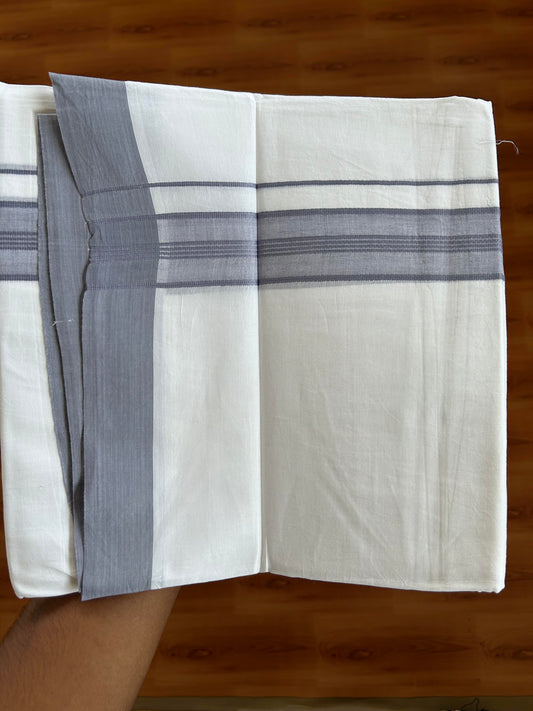 20% Discount ! KaithariKada Balaramapuram - 100% Pure Cotton Pure white Double Mundu / Dhothi 100x80 - 1.5 inch Ash Violet Shaded Kara  4.5 Meters (10 Muzham) - 10 KK5391 THI