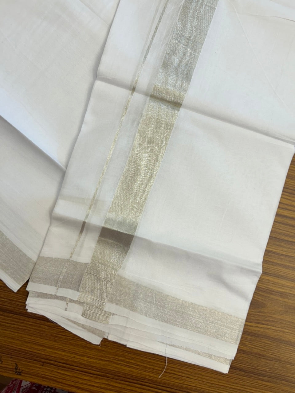 20% Discount! KaithariKada Balaramapuram 100% Cotton Double Pure White Mundu/Dhoti - 100x80 - 1.5 inch Silver Kasavu Kara - 3.90 Mtr (8 Muzham) - 15 KK5287 PMC