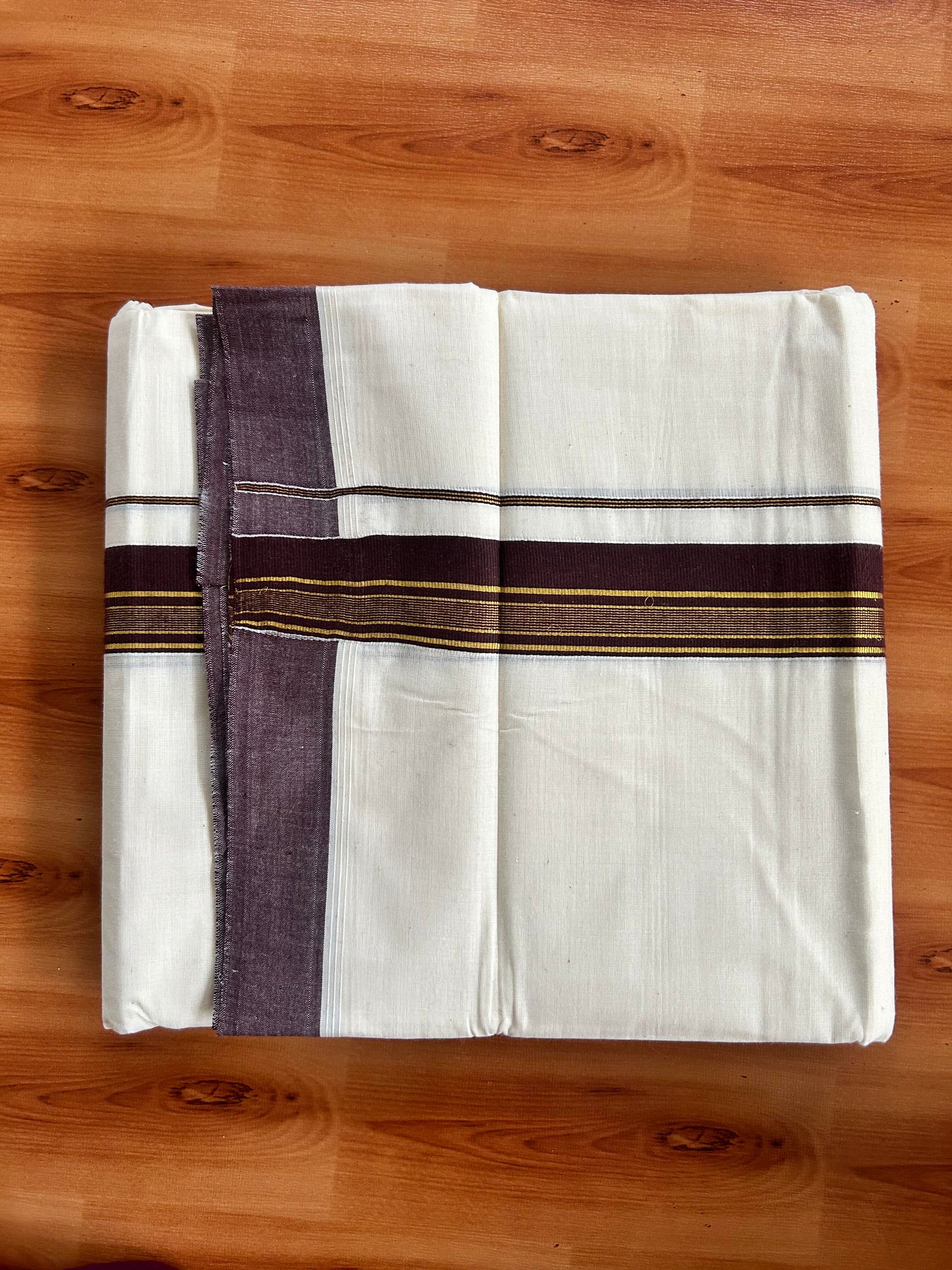 Double Off White  Mundu/Dhoti- 20% Discount! KaithariKada Balaramapuram Pure Cotton - 80s - 1.5 inch Gold Striped Kasav & Brown Kara - 4mtr (8.5muzham) - 4 KK5421 VAS