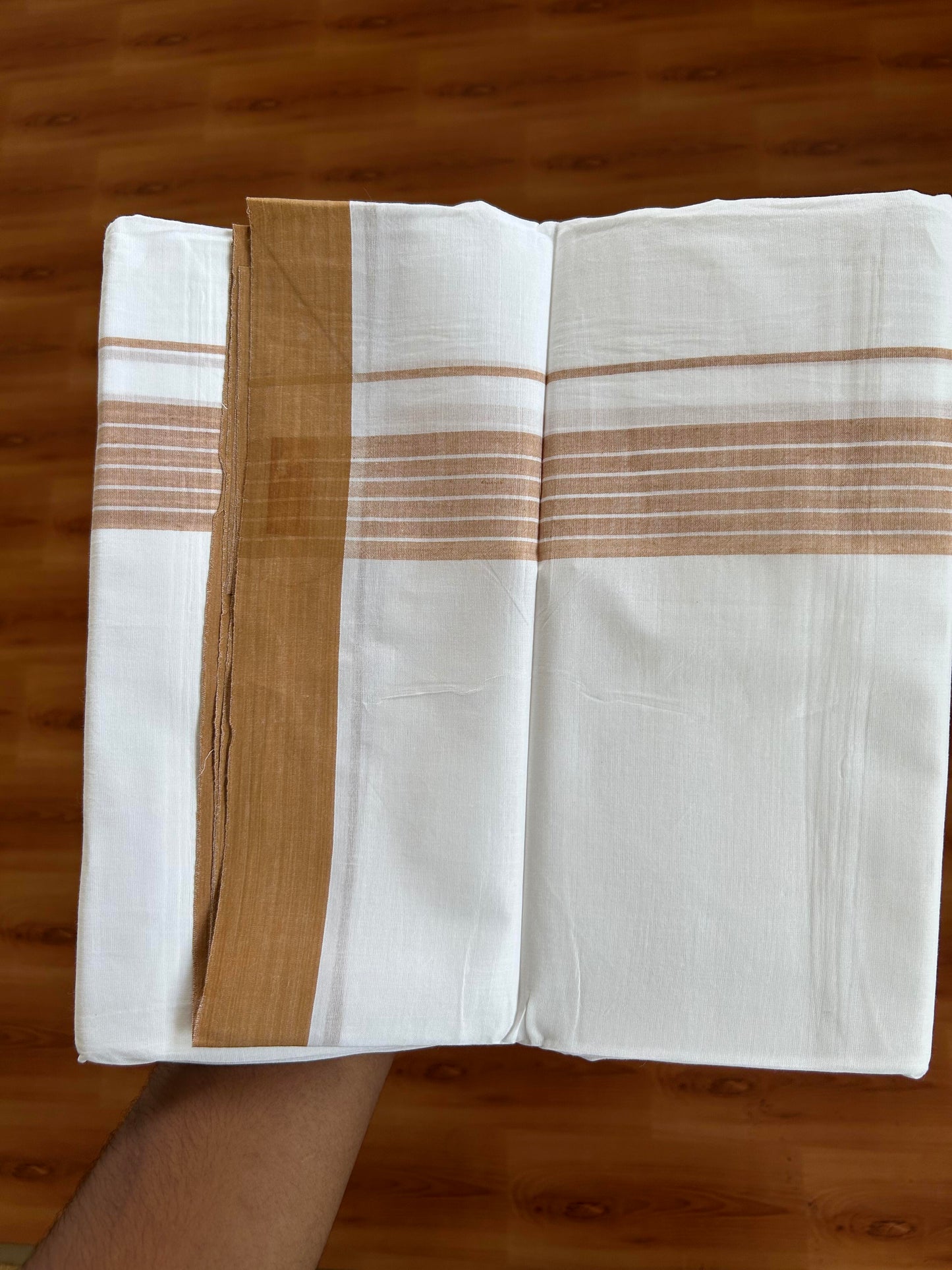 20% Discount ! KaithariKada Balaramapuram - 100% Pure Cotton Pure white Double Mundu / Dhothi 100x80 - 1.5 inch Camel Brown Shaded Kara  4.5 Meters (10 Muzham) - 9  KK5391 THI