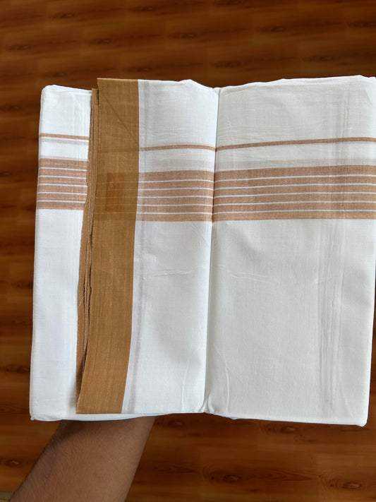 20% Discount ! KaithariKada Balaramapuram - 100% Pure Cotton Pure white Double Mundu / Dhothi 100x80 - 1.5 inch Camel Brown Shaded Kara  4.5 Meters (10 Muzham) - 9  KK5391 THI