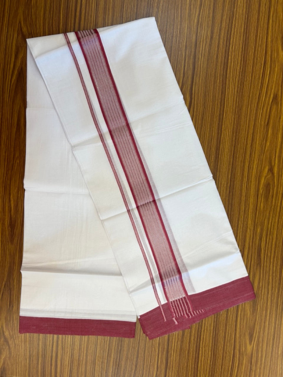 20% Discount ! KaithariKada Balaramapuram Double Pure White Mundu/Dhoti- 100x80 - 1.75 inch Maroon Shaded Silver Striped kara 3.90 Mtr (8 Muzham) - 7 KK5282 PMC