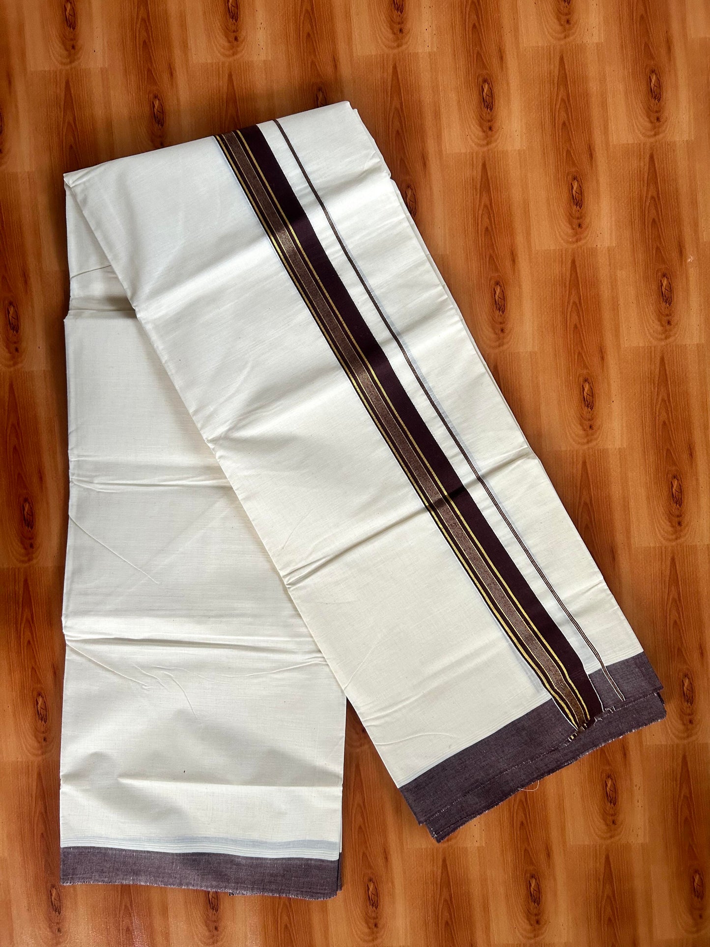 Double Off White  Mundu/Dhoti- 20% Discount! KaithariKada Balaramapuram Pure Cotton - 80s - 1.5 inch Gold Striped Kasav & Brown Kara - 4mtr (8.5muzham) - 4 KK5421 VAS