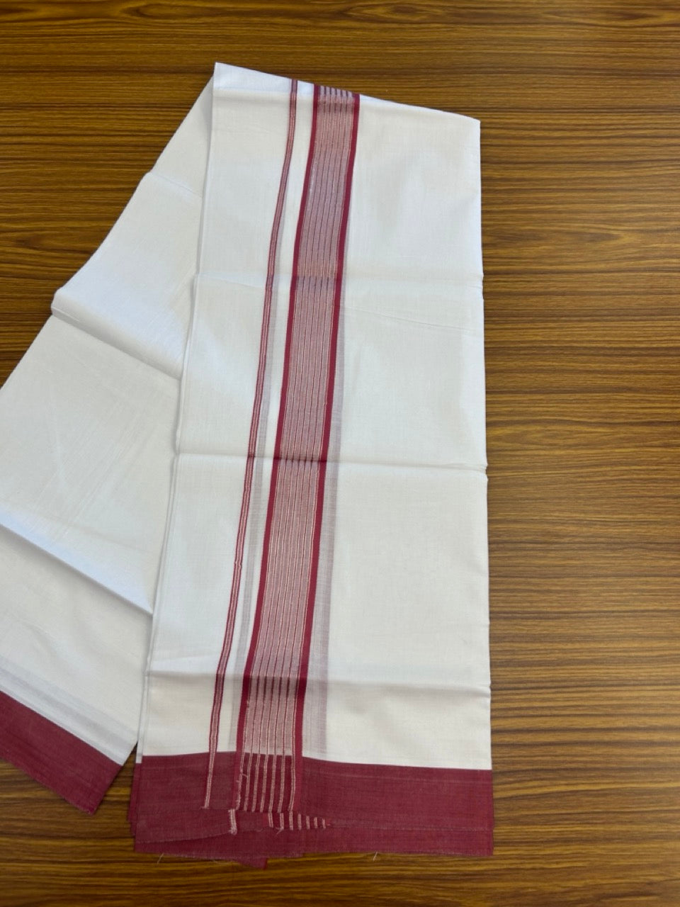 20% Discount ! KaithariKada Balaramapuram Double Pure White Mundu/Dhoti- 100x80 - 1.75 inch Maroon Shaded Silver Striped kara 3.90 Mtr (8 Muzham) - 7 KK5282 PMC