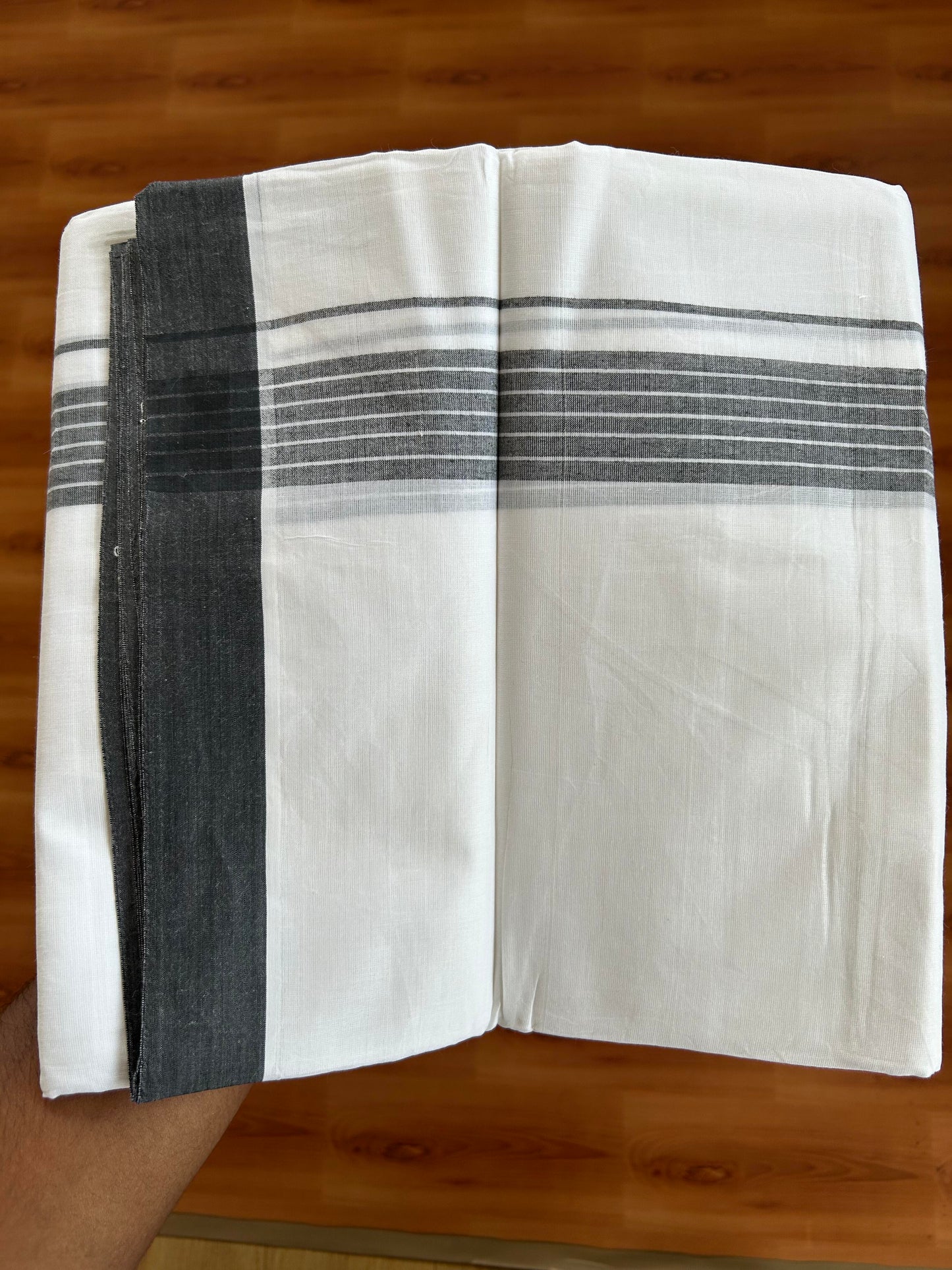 Double Pure white Mundu / Dhothi - 20% Discount ! KaithariKada Balaramapuram - 100% Pure Cotton 100x80 - 1.5 inch Black Shaded striped Kara 4.5 Meters (10 Muzham) - 23 KK5391 THI