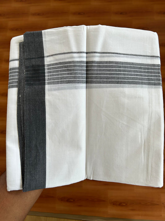 Double Pure white Mundu / Dhothi - 20% Discount ! KaithariKada Balaramapuram - 100% Pure Cotton 100x80 - 1.5 inch Black Shaded striped Kara 4.5 Meters (10 Muzham) - 23 KK5391 THI