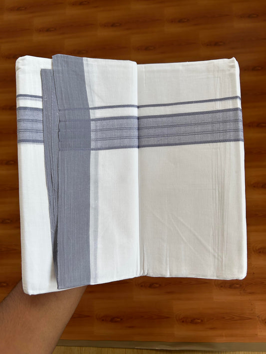 20% Discount ! KaithariKada Balaramapuram - 100% Pure Cotton Pure white Double Mundu / Dhothi 100x80 - 1.5 inch Ash Violet Shaded Kara  4.5 Meters (10 Muzham) - 11 KK5391 THI