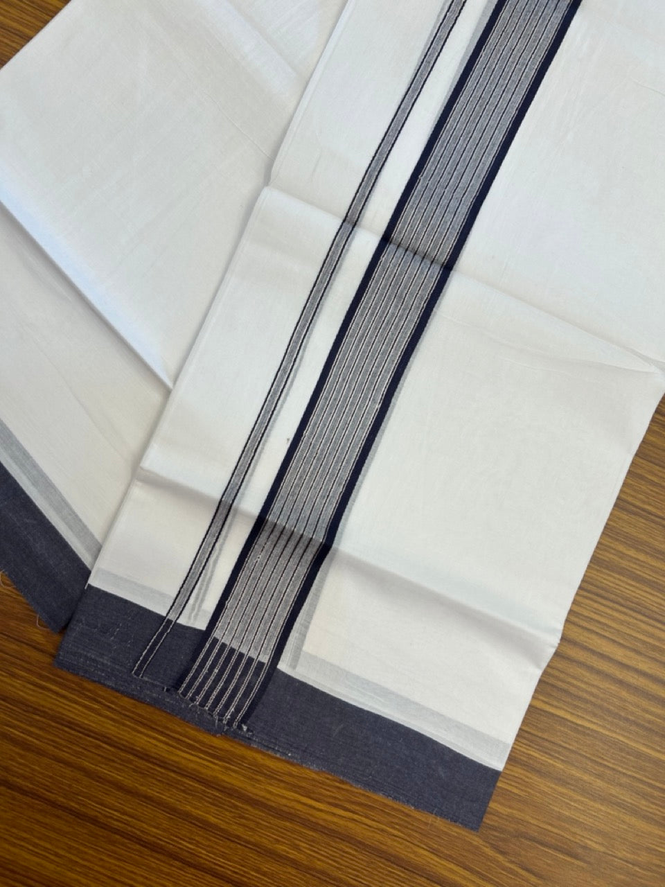20% Discount ! KaithariKada Balaramapuram Double Pure White Mundu/Dhoti - 100x80 - 1.75 inch Navy Blue Shaded Silver Striped kara - 3.90 Mtr (8 Muzham) - 5 KK5282 PMC
