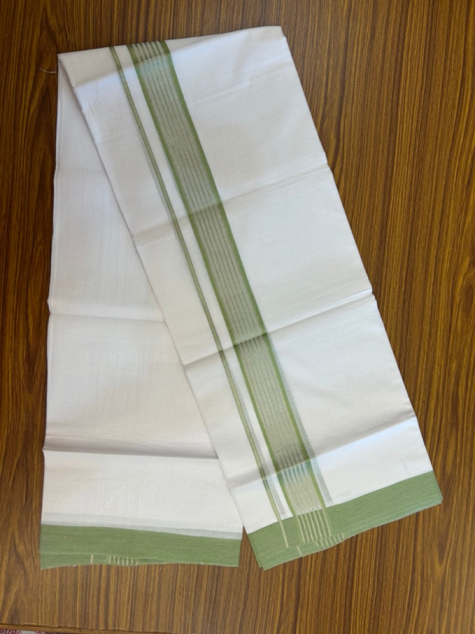 20% Discount ! KaithariKada Balaramapuram Double Pure White Mundu/Dhoti- 100x80 - 1.75 inch Pista Green Shaded Silver Striped kara 3.90 Mtr (8 Muzham) - 6 KK5282 PMC