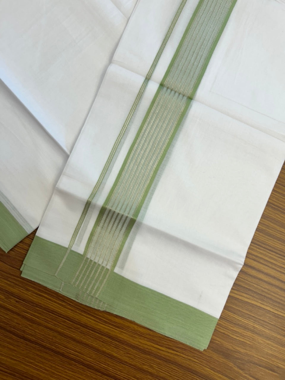 20% Discount ! KaithariKada Balaramapuram Double Pure White Mundu/Dhoti- 100x80 - 1.75 inch Pista Green Shaded Silver Striped kara 3.90 Mtr (8 Muzham) - 6 KK5282 PMC