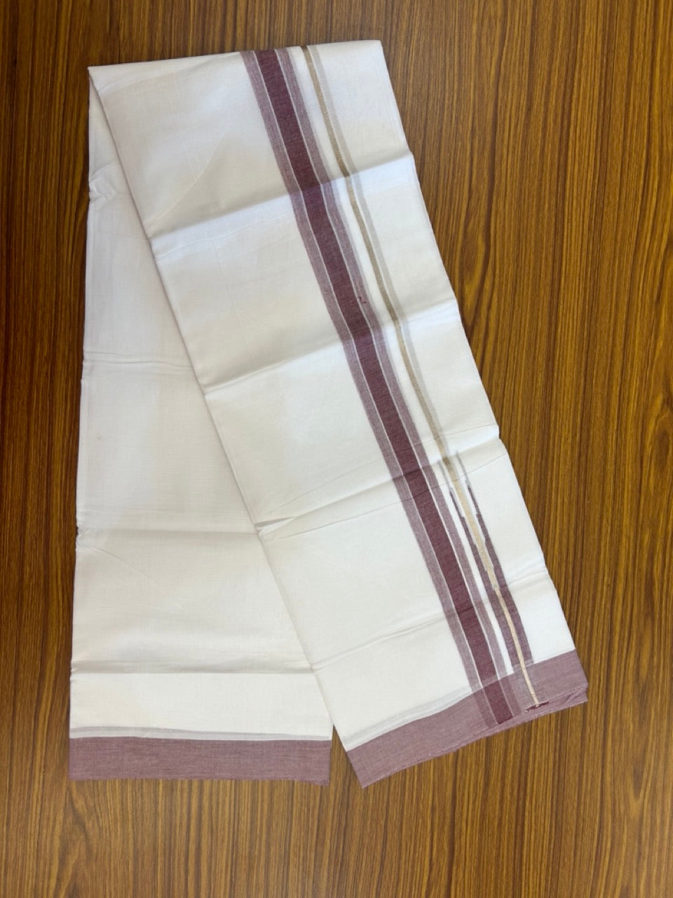 20% Discount ! KaithariKada Balaramapuram 100% Cotton Pure white Double Mundu/Dhoti - (100x80)s - 1.25 inch Silver Kasav & Maroon Shaded Stripes Chutty Kara 3.90 mtr (8 muzham) - 16 KK5287 PMC