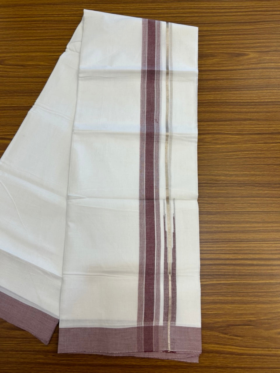 20% Discount ! KaithariKada Balaramapuram 100% Cotton Pure white Double Mundu/Dhoti - (100x80)s - 1.25 inch Silver Kasav & Maroon Shaded Stripes Chutty Kara 3.90 mtr (8 muzham) - 16 KK5287 PMC