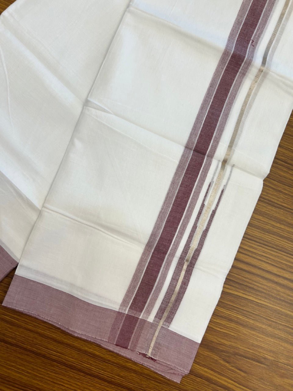 20% Discount ! KaithariKada Balaramapuram 100% Cotton Pure white Double Mundu/Dhoti - (100x80)s - 1.25 inch Silver Kasav & Maroon Shaded Stripes Chutty Kara 3.90 mtr (8 muzham) - 16 KK5287 PMC