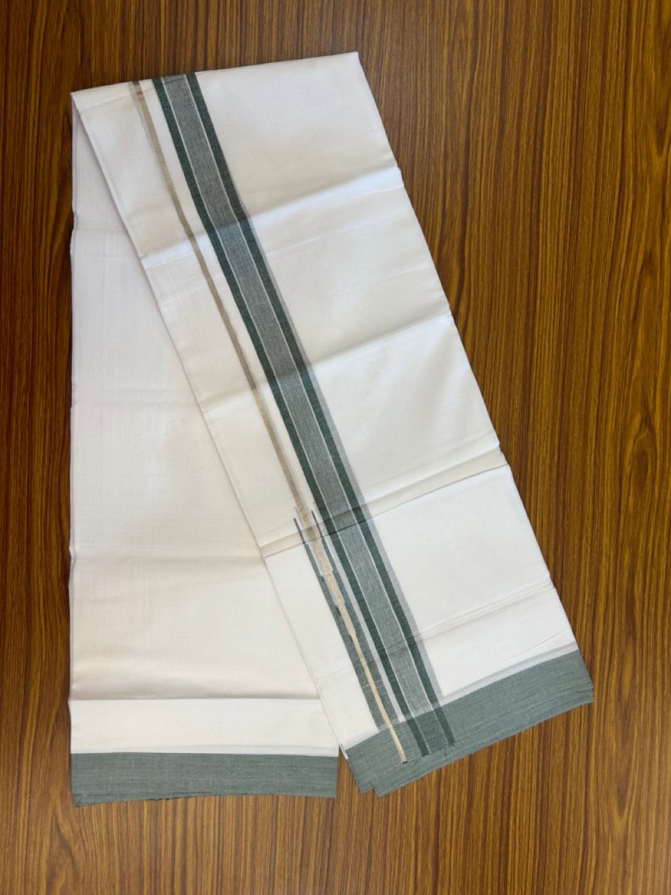 20% Discount ! KaithariKada Balaramapuram 100% Cotton Pure white Double Mundu/Dhoti - (100x80)s - 1.25 inch Silver Kasav & Green Shaded Stripes Chutty Kara 3.90 mtr (8 muzham) - 17 KK5287 PMC