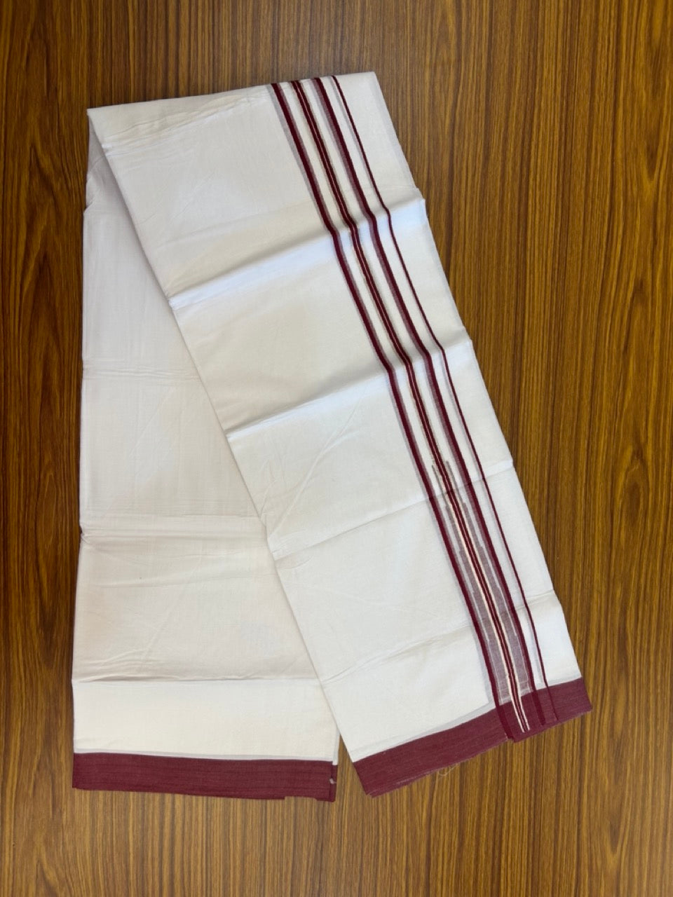 20% Discount ! KaithariKada Balaramapuram 100% Cotton Pure white Double Mundu/Dhoti - (100x80)s - 1.5 inch Silver Kasav & Maroon Shaded Stripes Chutty Kara 3.90 mtr (8 muzham) - 18 KK5287 PMC