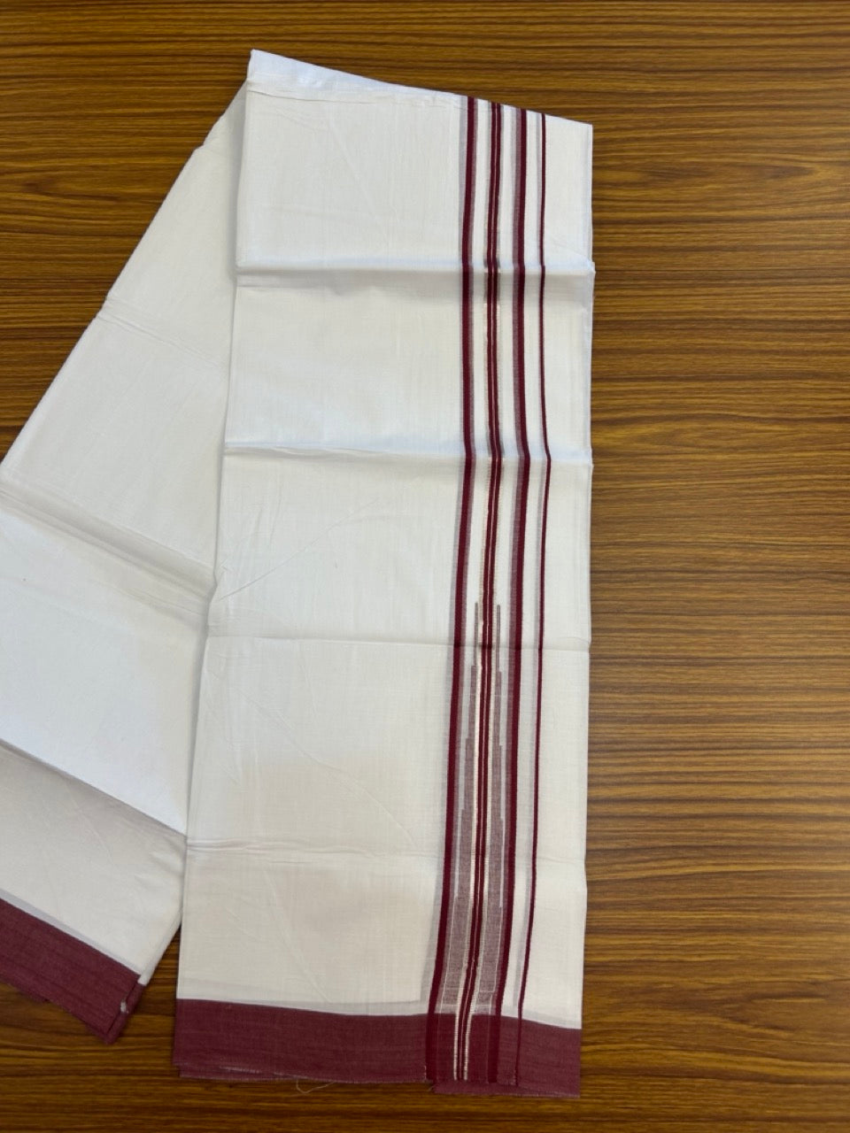 20% Discount ! KaithariKada Balaramapuram 100% Cotton Pure white Double Mundu/Dhoti - (100x80)s - 1.5 inch Silver Kasav & Maroon Shaded Stripes Chutty Kara 3.90 mtr (8 muzham) - 18 KK5287 PMC