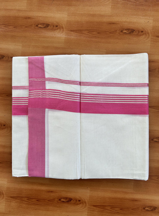 Double Off White  Mundu/Dhoti- 20% Discount! KaithariKada Balaramapuram Pure Cotton - 80s - 1.5 inch Silver Kasav Striped & Rose Pink Kara - 4mtr (8.5muzham) - 5 KK5422 VAS