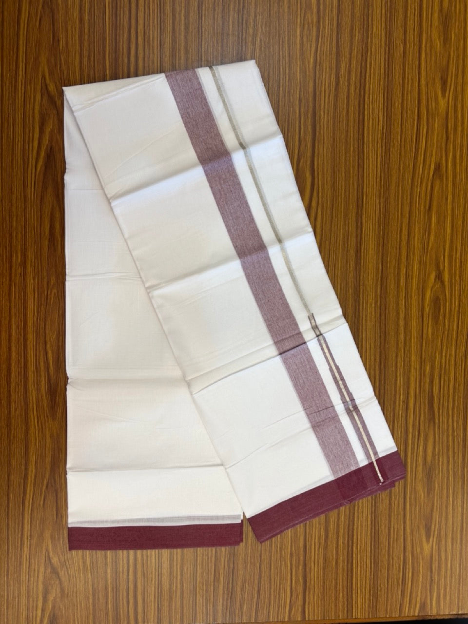 20% Discount ! KaithariKada Balaramapuram 100% Cotton Pure white Double Mundu/Dhoti - (100x80)s - 1.5 inch Silver Kasav & Maroon Shades Chutty Kara 3.90 mtr (8 muzham) - 19 KK5287 PMC
