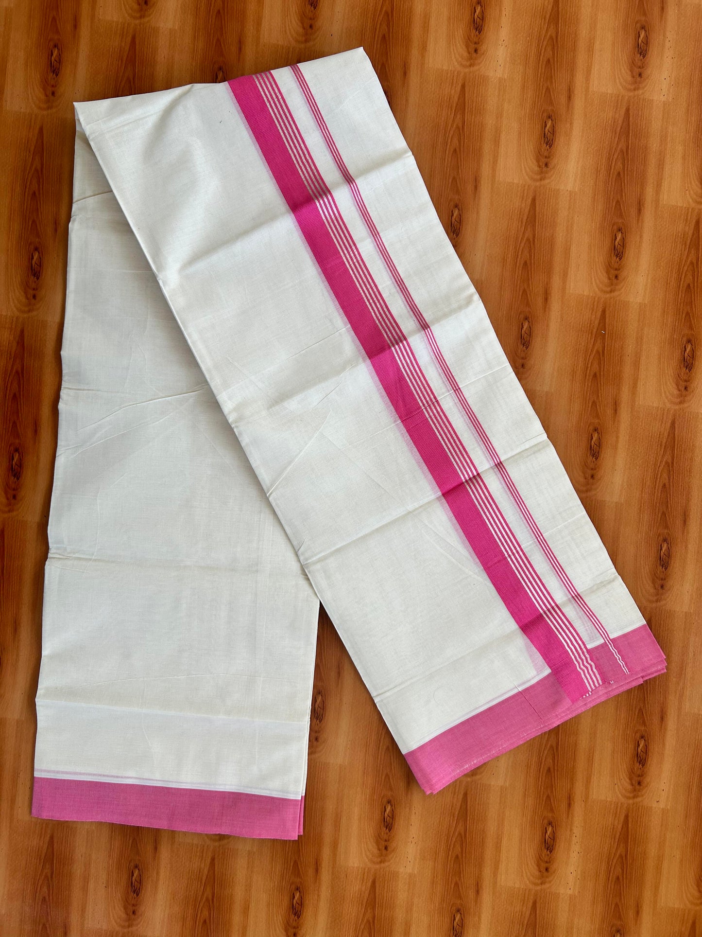 Double Off White  Mundu/Dhoti- 20% Discount! KaithariKada Balaramapuram Pure Cotton - 80s - 1.5 inch Silver Kasav Striped & Rose Pink Kara - 4mtr (8.5muzham) - 5 KK5422 VAS