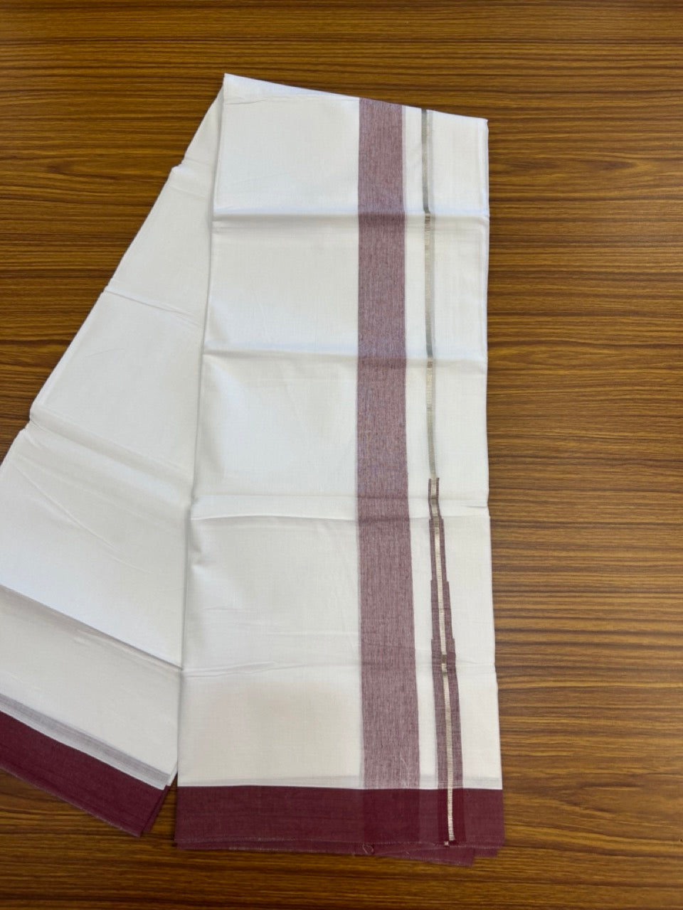 20% Discount ! KaithariKada Balaramapuram 100% Cotton Pure white Double Mundu/Dhoti - (100x80)s - 1.5 inch Silver Kasav & Maroon Shades Chutty Kara 3.90 mtr (8 muzham) - 19 KK5287 PMC