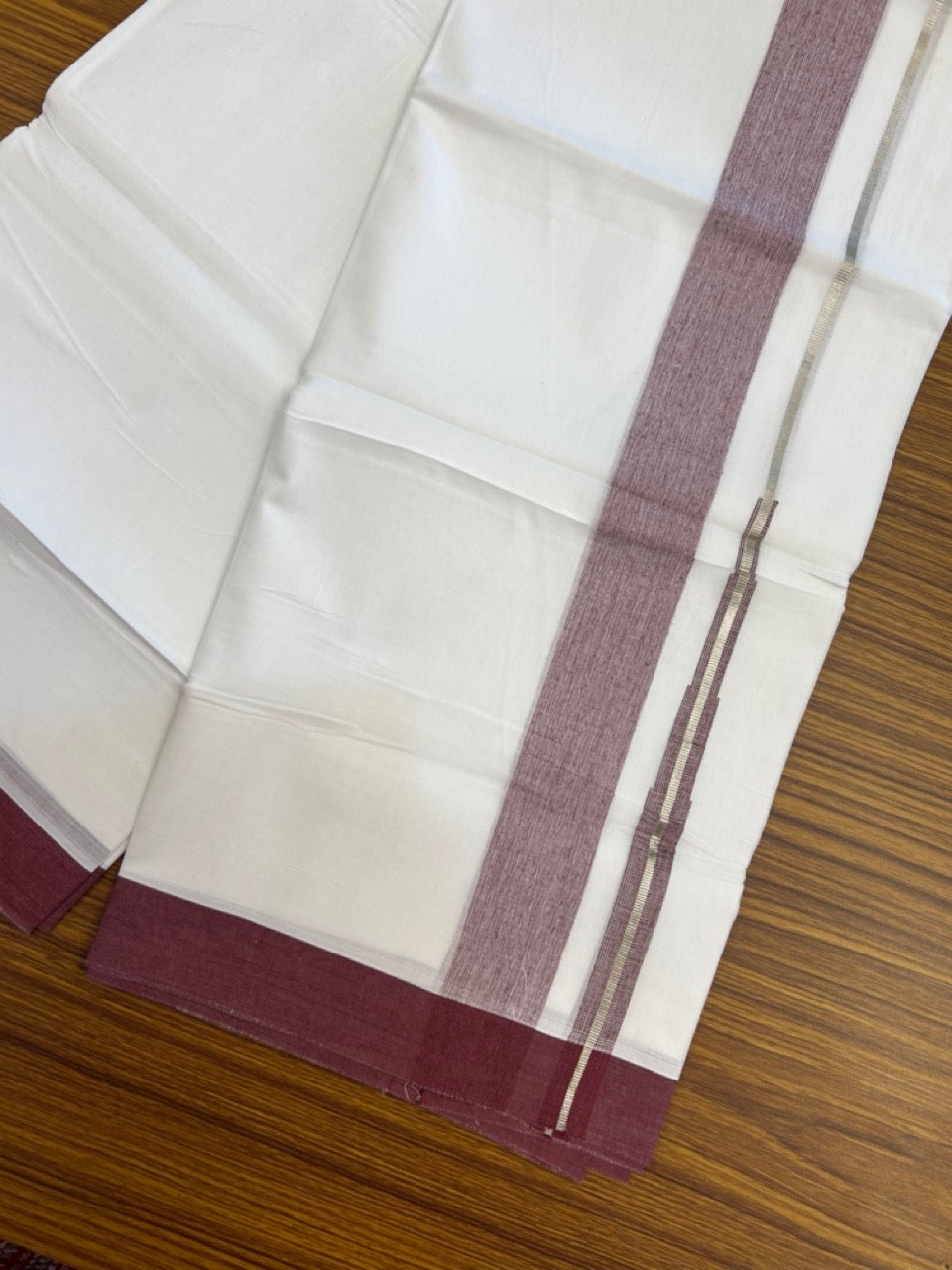 20% Discount ! KaithariKada Balaramapuram 100% Cotton Pure white Double Mundu/Dhoti - (100x80)s - 1.5 inch Silver Kasav & Maroon Shades Chutty Kara 3.90 mtr (8 muzham) - 19 KK5287 PMC