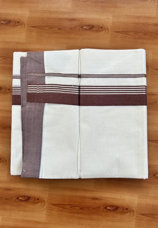 Double Off White  Mundu/Dhoti- 20% Discount! KaithariKada Balaramapuram Pure Cotton - 80s - 1.5 inch Silver Kasav Striped & Brown Kara - 4mtr (8.5muzham) - 4 KK5422 VAS