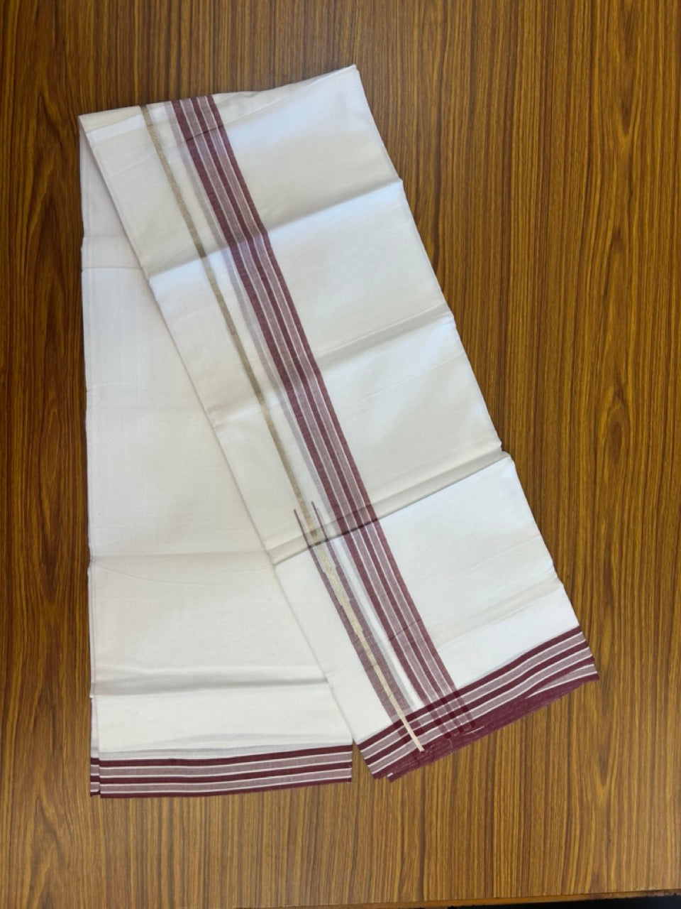 20% Discount ! KaithariKada Balaramapuram 100% Cotton Pure white Double Mundu/Dhoti - (100x80)s - 1.5 inch Silver Kasav & Maroon Shades Stripes Chutty Kara 3.90 mtr (8 muzham) - 20 KK5287 PMC