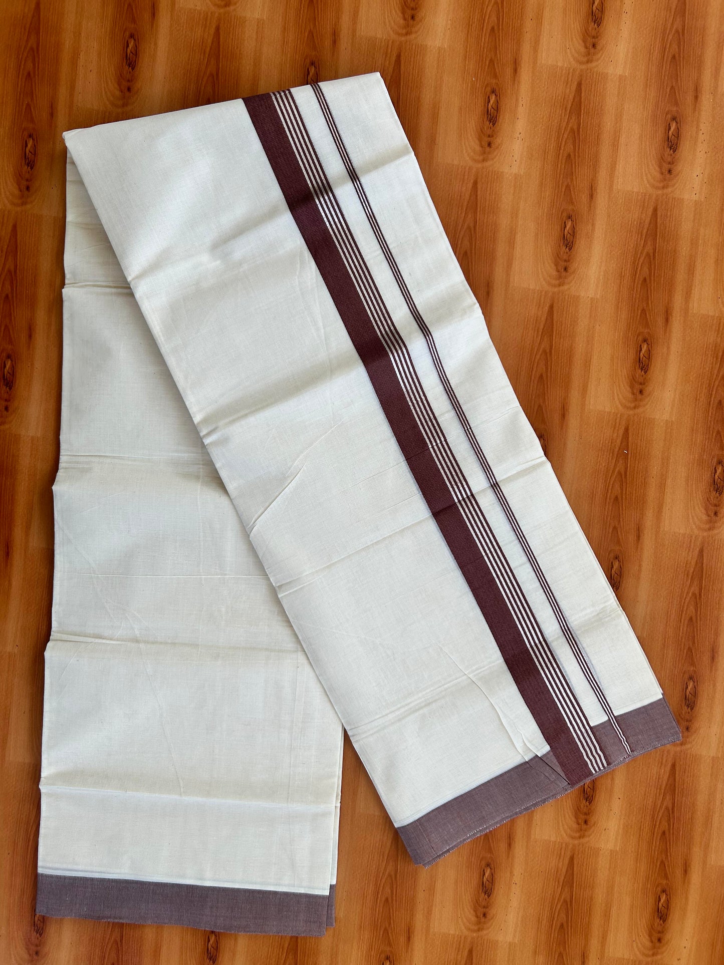 Double Off White  Mundu/Dhoti- 20% Discount! KaithariKada Balaramapuram Pure Cotton - 80s - 1.5 inch Silver Kasav Striped & Brown Kara - 4mtr (8.5muzham) - 4 KK5422 VAS