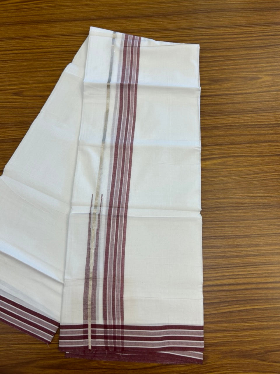 20% Discount ! KaithariKada Balaramapuram 100% Cotton Pure white Double Mundu/Dhoti - (100x80)s - 1.5 inch Silver Kasav & Maroon Shades Stripes Chutty Kara 3.90 mtr (8 muzham) - 20 KK5287 PMC