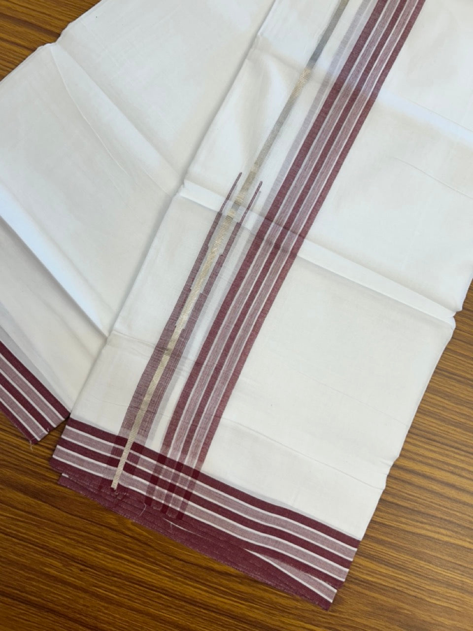20% Discount ! KaithariKada Balaramapuram 100% Cotton Pure white Double Mundu/Dhoti - (100x80)s - 1.5 inch Silver Kasav & Maroon Shades Stripes Chutty Kara 3.90 mtr (8 muzham) - 20 KK5287 PMC