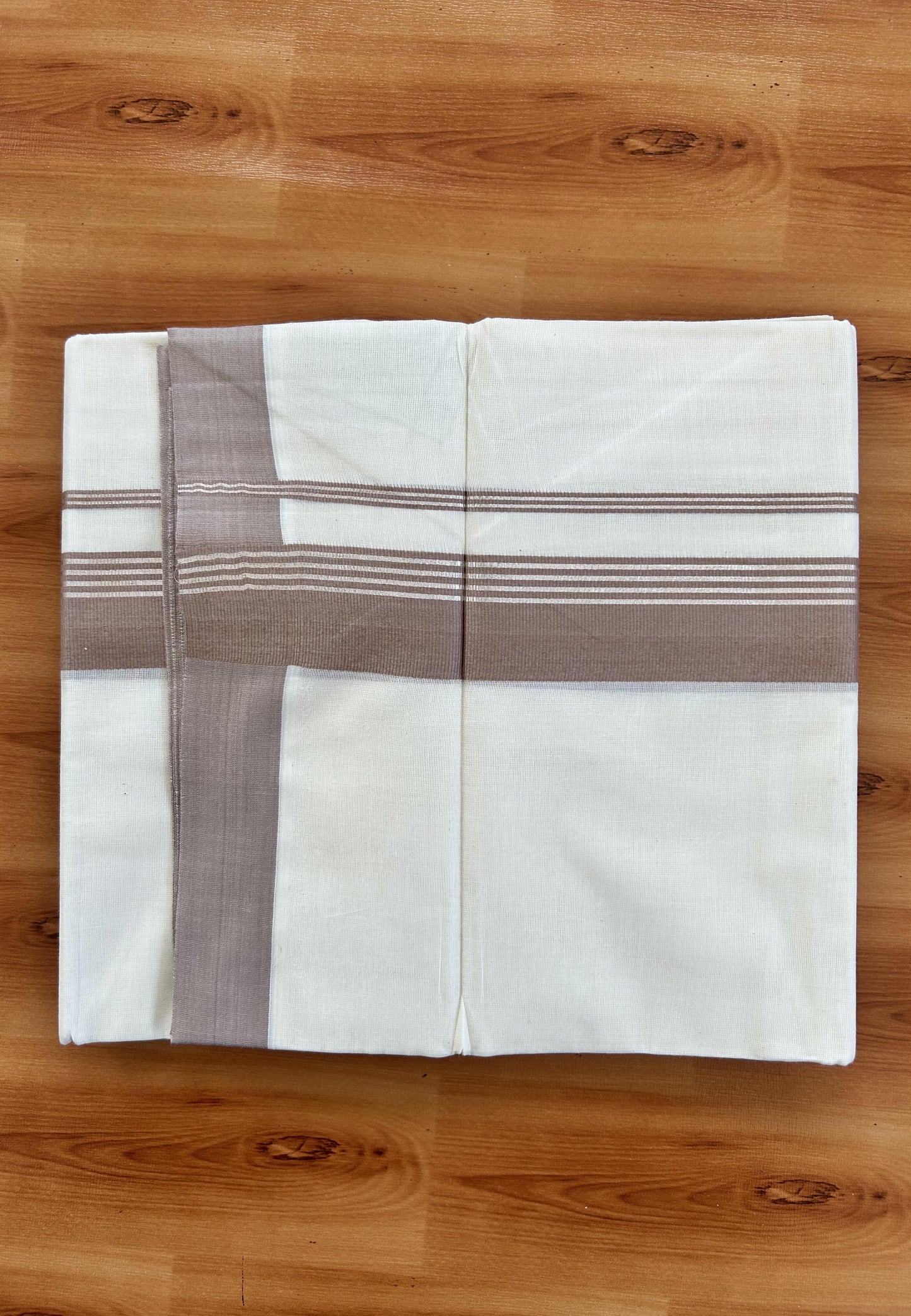 Double Off White  Mundu/Dhoti- 20% Discount! KaithariKada Balaramapuram Pure Cotton - 80s - 1.5 inch Silver Kasav Striped & Yellowish Brown Kara - 4mtr (8.5muzham) - 14 KK5422 VAS