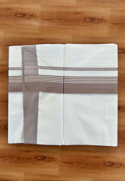 Double Off White  Mundu/Dhoti- 20% Discount! KaithariKada Balaramapuram Pure Cotton - 80s - 1.5 inch Silver Kasav Striped & Yellowish Brown Kara - 4mtr (8.5muzham) - 14 KK5422 VAS
