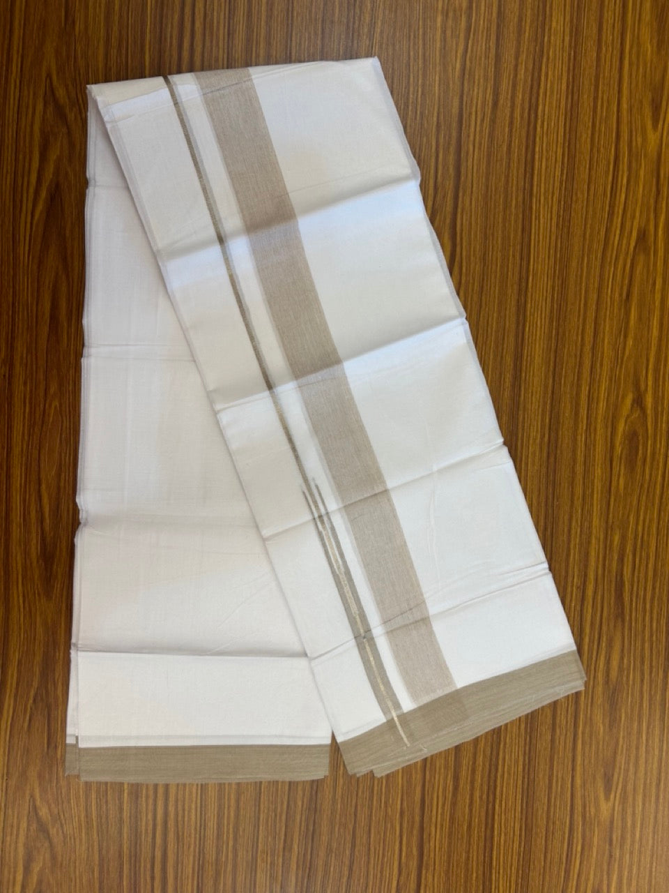 20% Discount ! KaithariKada Balaramapuram 100% Cotton Pure white Double Mundu/Dhoti - (100x80)s - 1.75 inch Silver Kasav & Beige Shades Chutty Kara 3.90 mtr (8 muzham) - 21 KK5287 PMC