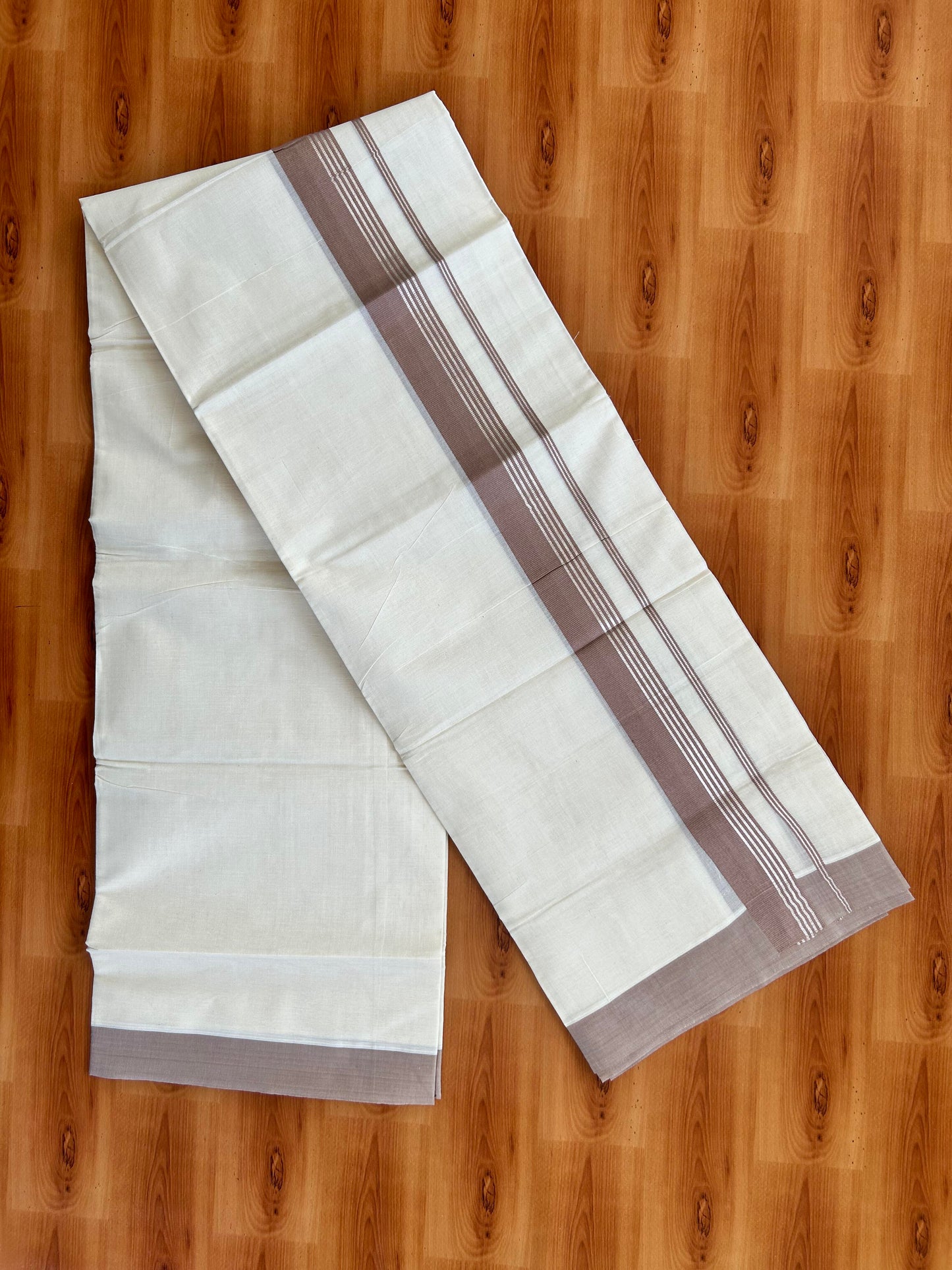 Double Off White  Mundu/Dhoti- 20% Discount! KaithariKada Balaramapuram Pure Cotton - 80s - 1.5 inch Silver Kasav Striped & Yellowish Brown Kara - 4mtr (8.5muzham) - 14 KK5422 VAS