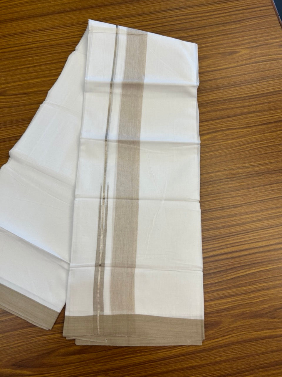20% Discount ! KaithariKada Balaramapuram 100% Cotton Pure white Double Mundu/Dhoti - (100x80)s - 1.75 inch Silver Kasav & Beige Shades Chutty Kara 3.90 mtr (8 muzham) - 21 KK5287 PMC