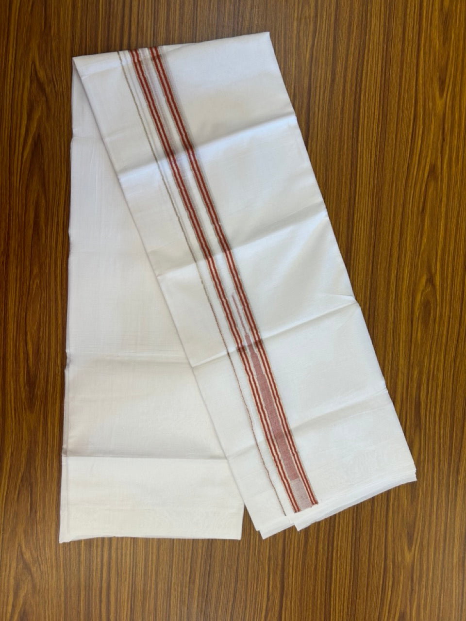 20% Discount ! KaithariKada Balaramapuram 100% Cotton Pure white Double Mundu/Dhoti - (100x80)s - 1.5 inch Silver Kasav & Red Stripes Chutty Kara 3.90 mtr (8 muzham) - 25 KK5287 PMC