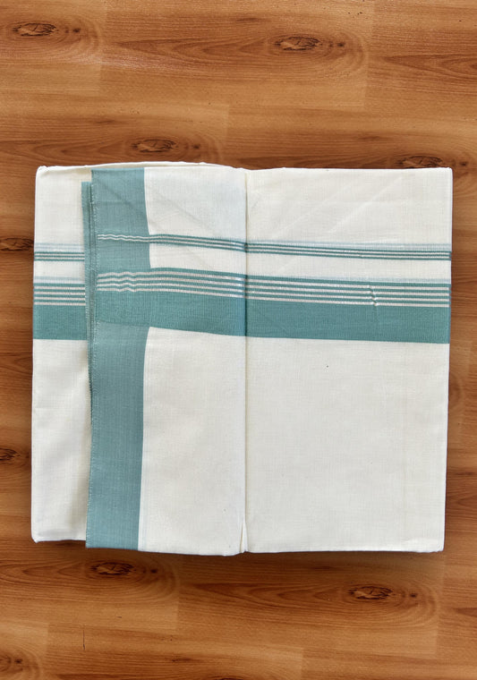 Double Off White  Mundu/Dhoti- 20% Discount! KaithariKada Balaramapuram Pure Cotton - 80s - 1.5 inch Silver Kasav Striped & Teal Green Kara - 4mtr (8.5muzham) -  1 KK5422 VAS