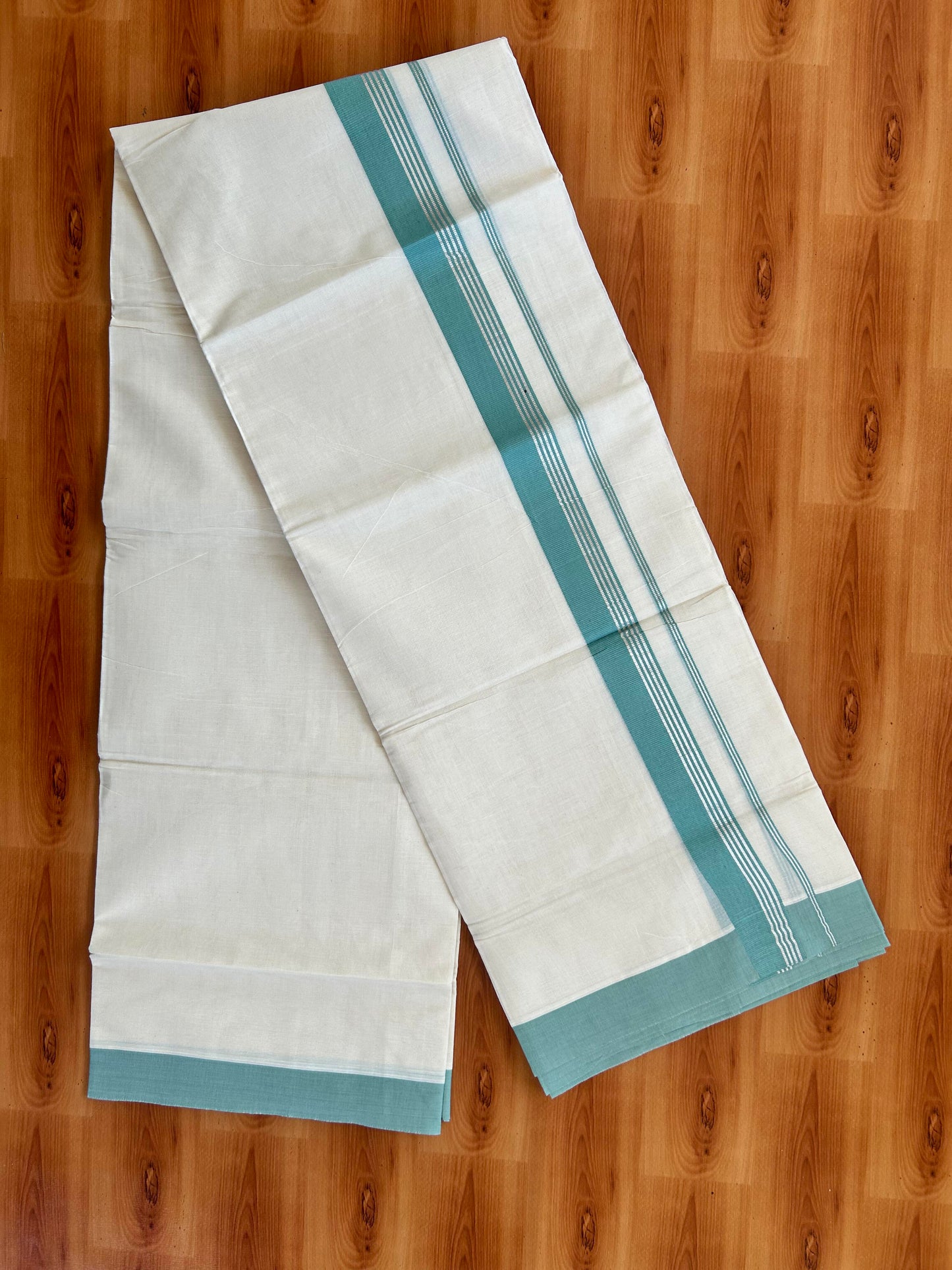 Double Off White  Mundu/Dhoti- 20% Discount! KaithariKada Balaramapuram Pure Cotton - 80s - 1.5 inch Silver Kasav Striped & Teal Green Kara - 4mtr (8.5muzham) -  1 KK5422 VAS