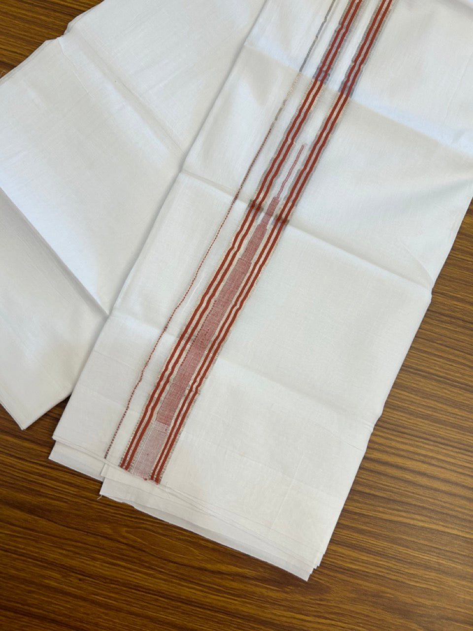 20% Discount ! KaithariKada Balaramapuram 100% Cotton Pure white Double Mundu/Dhoti - (100x80)s - 1.5 inch Silver Kasav & Red Stripes Chutty Kara 3.90 mtr (8 muzham) - 25 KK5287 PMC