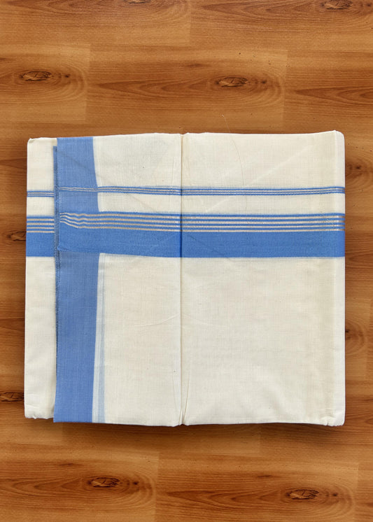 Double Off White  Mundu/Dhoti- 20% Discount! KaithariKada Balaramapuram Pure Cotton - 80s - 1.5 inch Silver Kasav Striped & Light Blue Kara - 4mtr (8.5muzham) -  2 KK5422 VAS