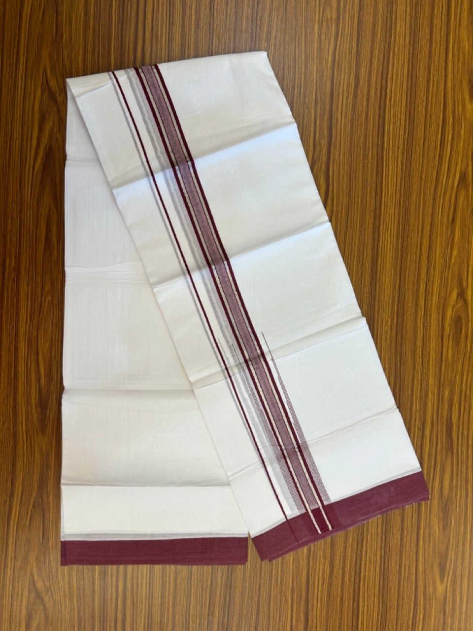 20% Discount ! KaithariKada Balaramapuram 100% Cotton Pure white Double Mundu/Dhoti - (100x80)s - 1.5 inch Silver Kasav & Maroon Stripes Chutty Kara 3.90 mtr (8 muzham) - 29 KK5287 PMC