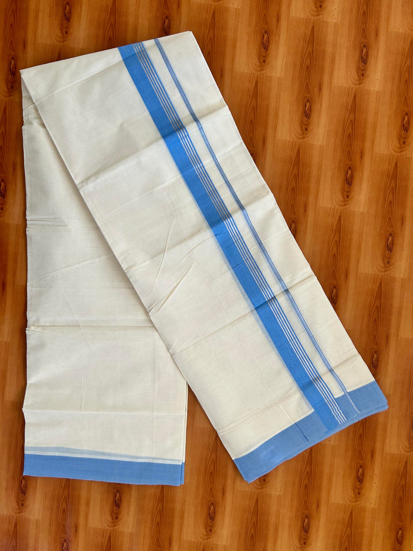 Double Off White  Mundu/Dhoti- 20% Discount! KaithariKada Balaramapuram Pure Cotton - 80s - 1.5 inch Silver Kasav Striped & Light Blue Kara - 4mtr (8.5muzham) -  2 KK5422 VAS